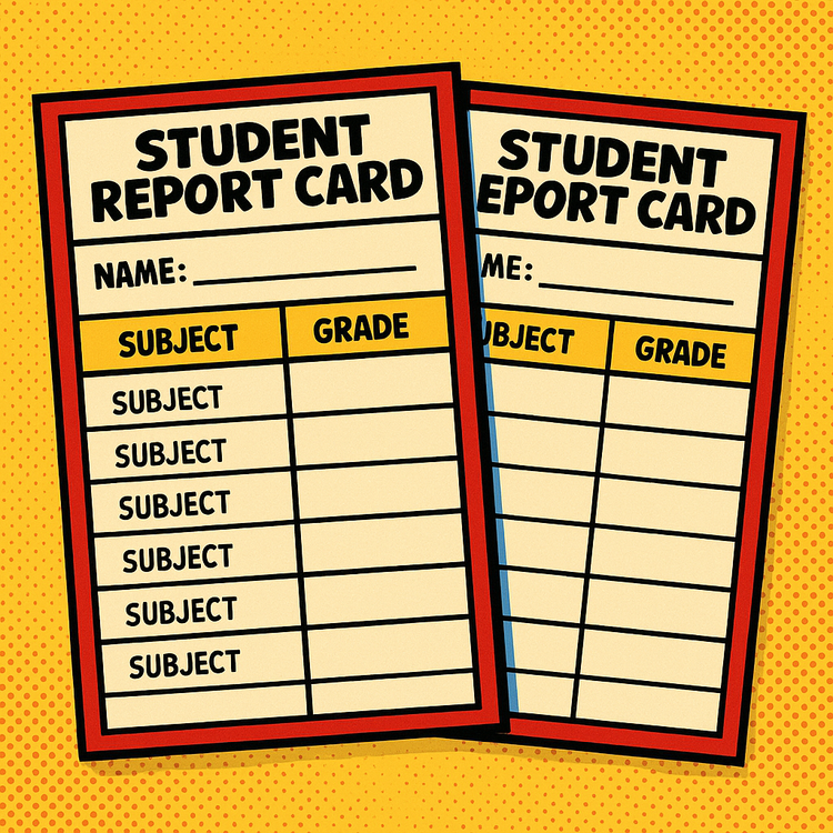 Image showing student report cards in a comic style